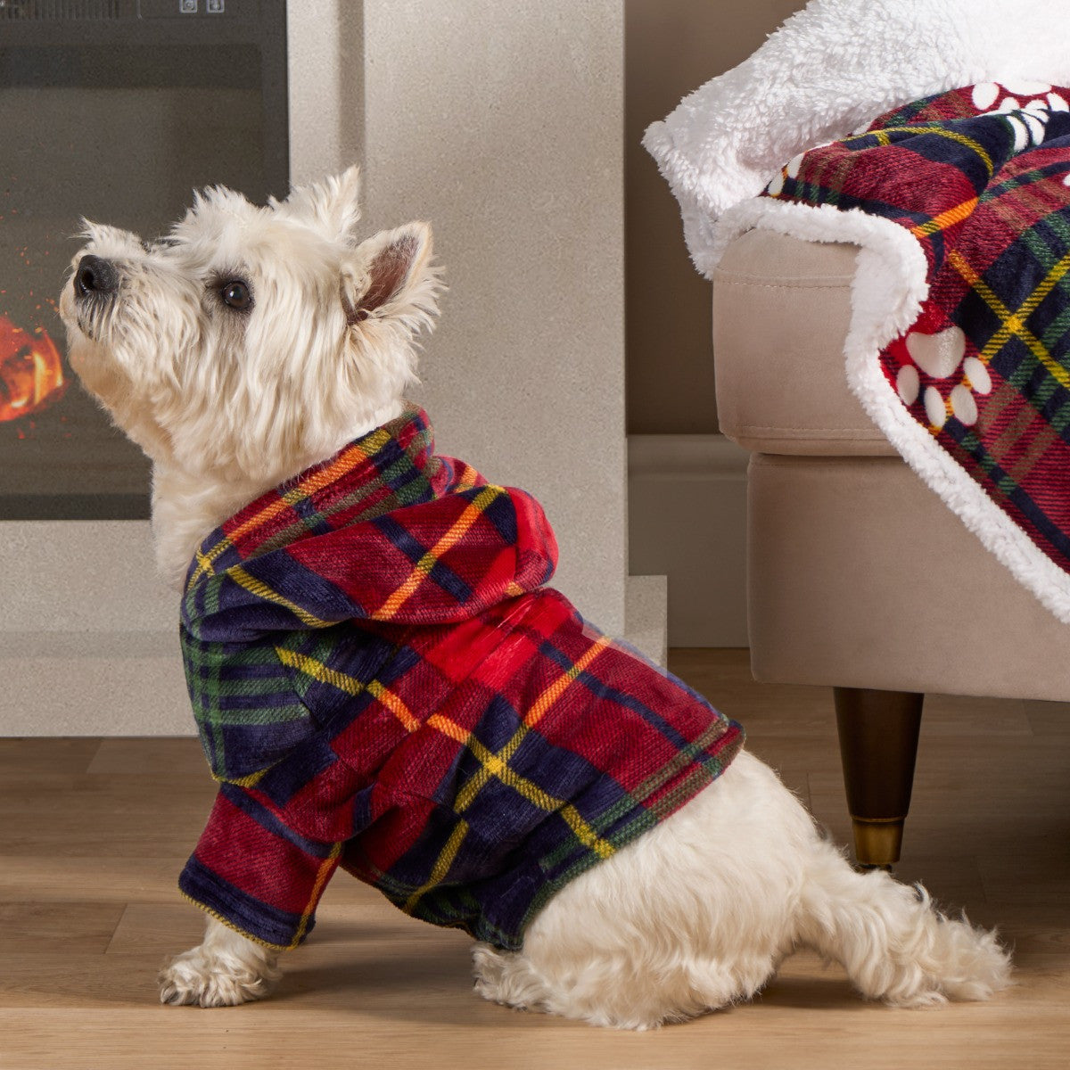 SnugPup Oxford check dog hoodie blanket in navy and red