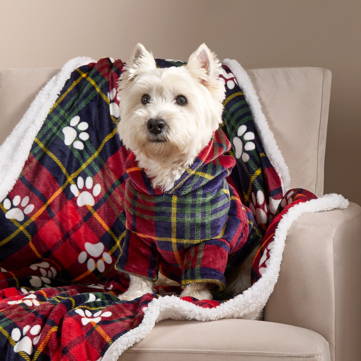 Navy and red Oxford check dog hoodie blanket, side view