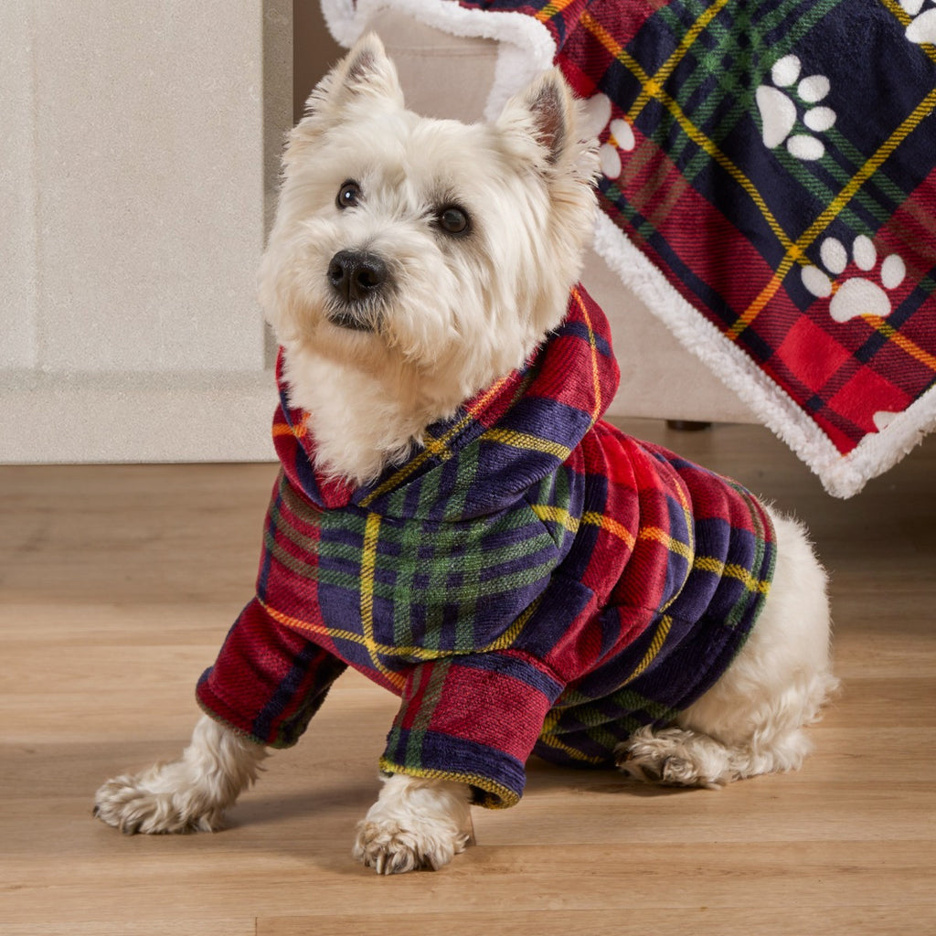Navy and red Oxford check dog hoodie blanket, back view