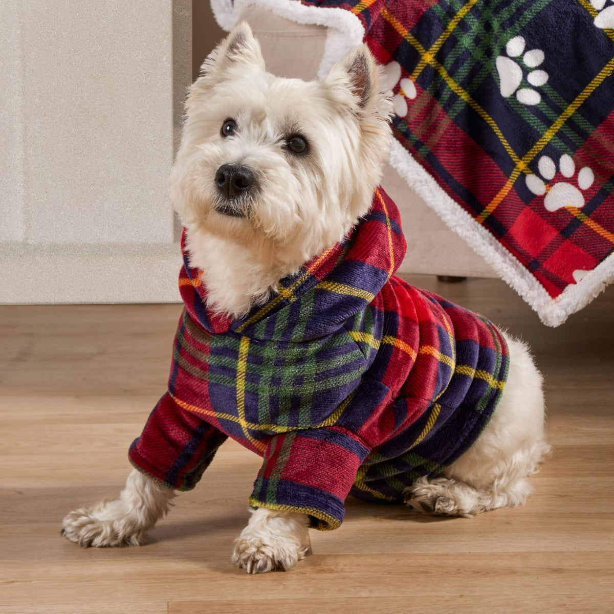 Navy and red Oxford check dog hoodie blanket, back view