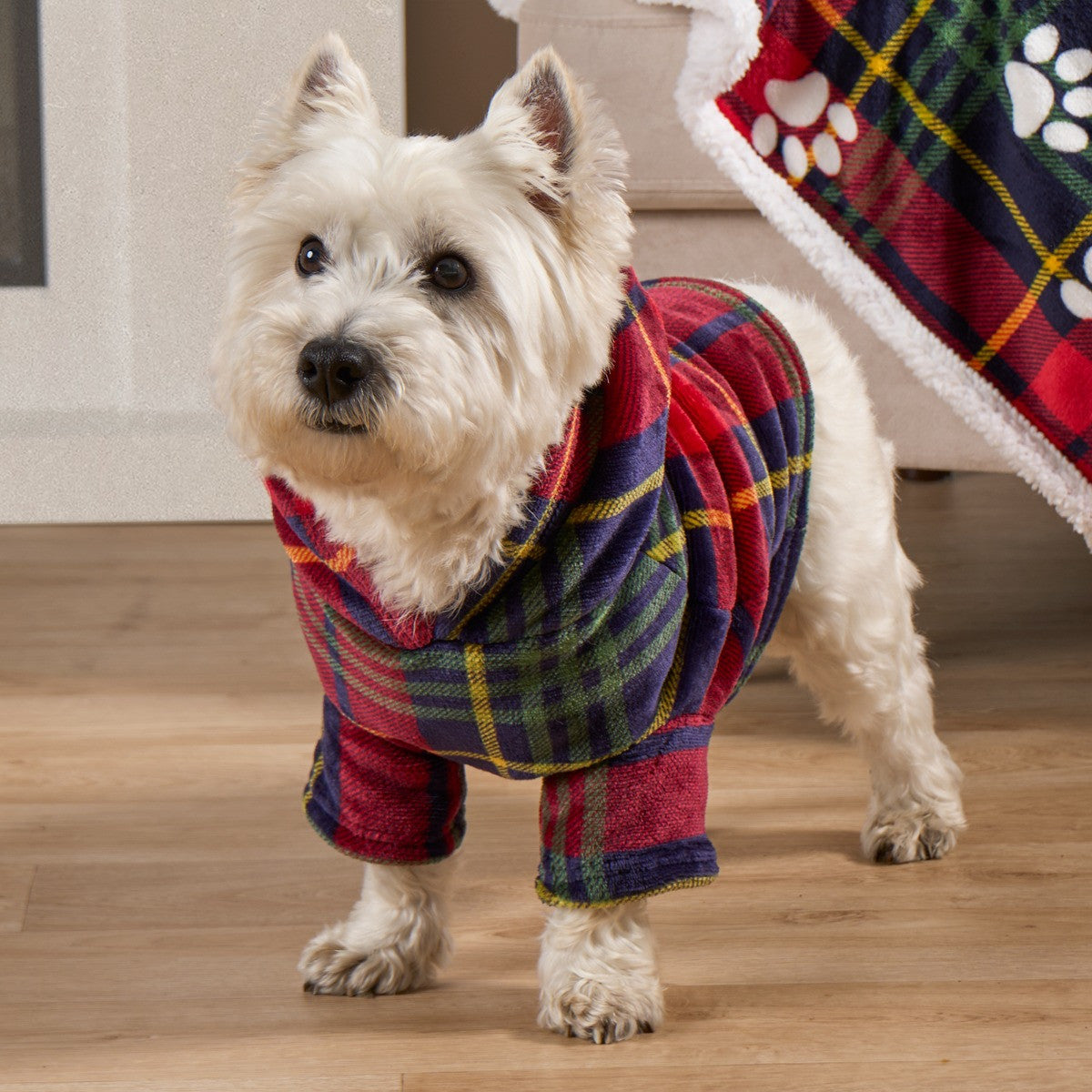 Navy and red Oxford check dog hoodie blanket, hood detail