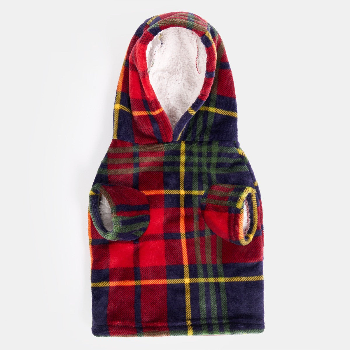 Navy and red Oxford check dog hoodie blanket on a dog