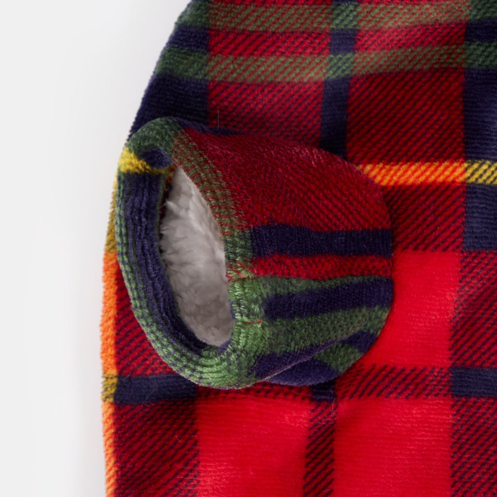 Navy and red Oxford check dog hoodie blanket, fleece lining