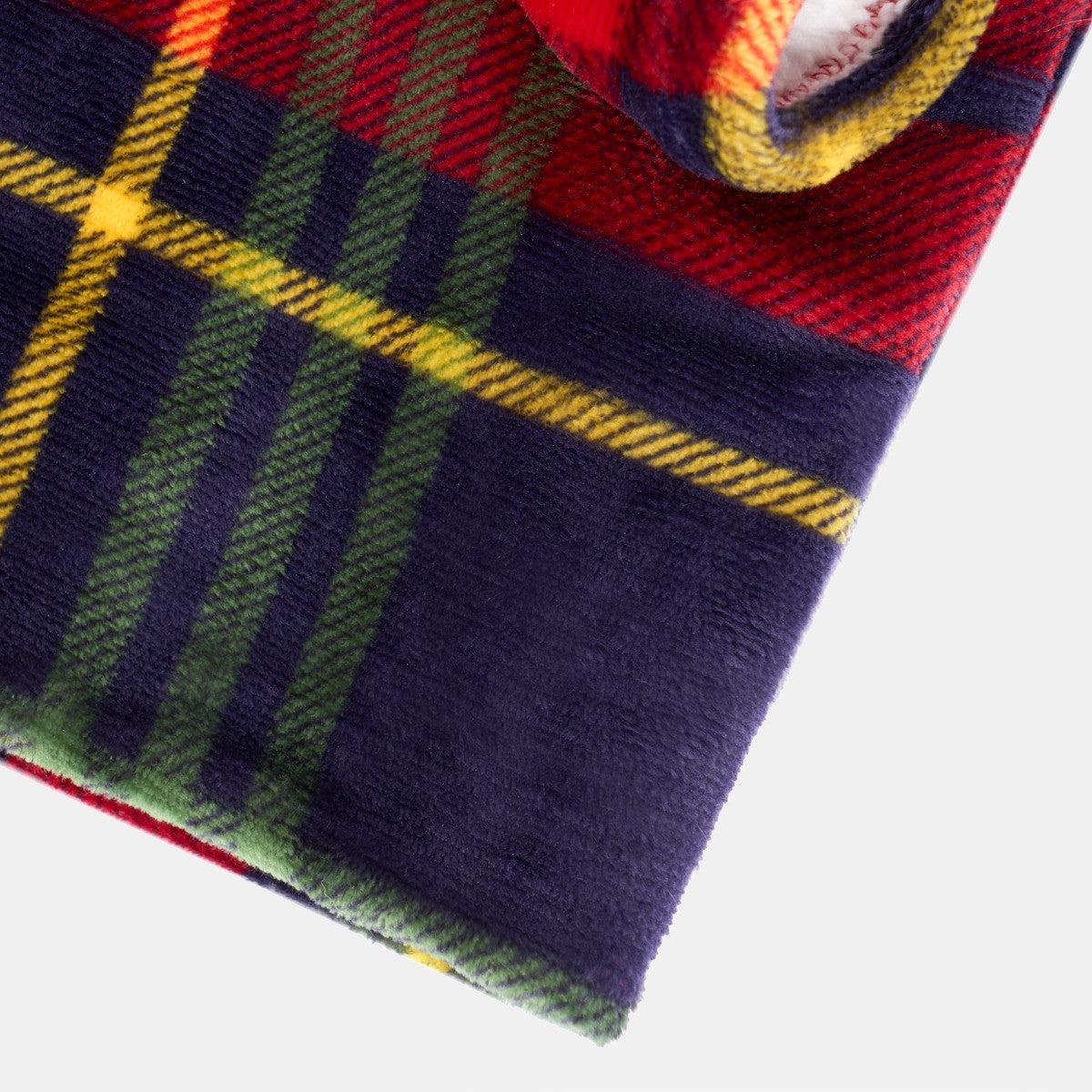 Navy and red Oxford check dog hoodie blanket, close up