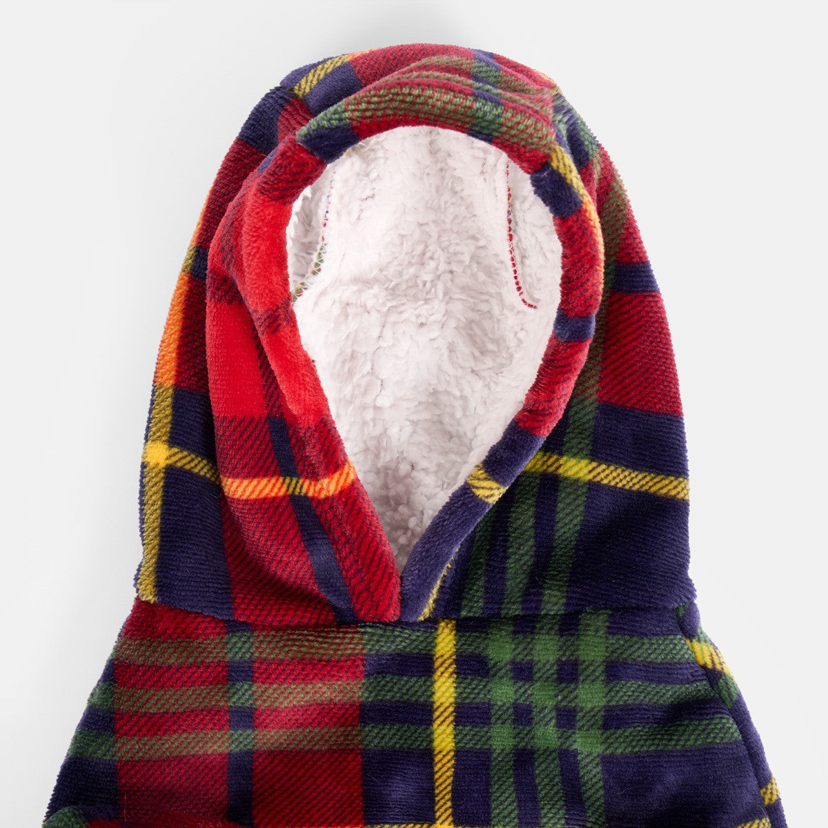 Navy and red Oxford check dog hoodie blanket, full length