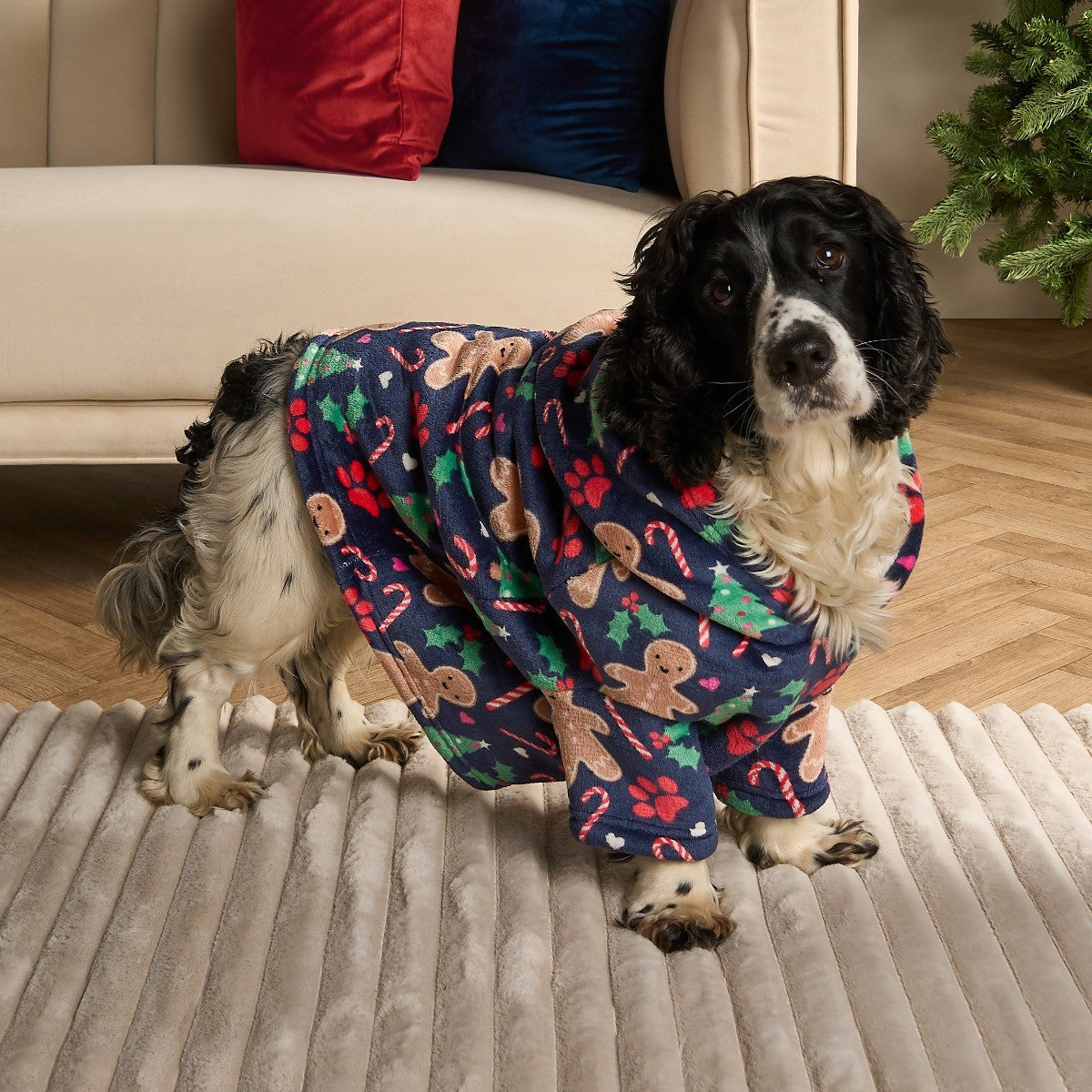 SnugPup gingerbread paw print dog hoodie blanket in navy