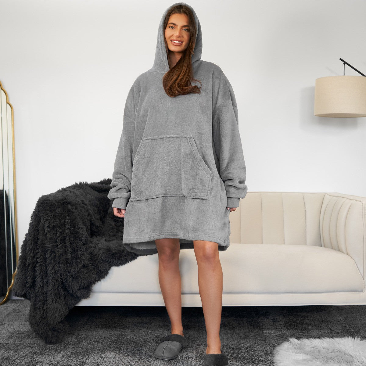 SnugPup matching human hoodie blanket in charcoal grey